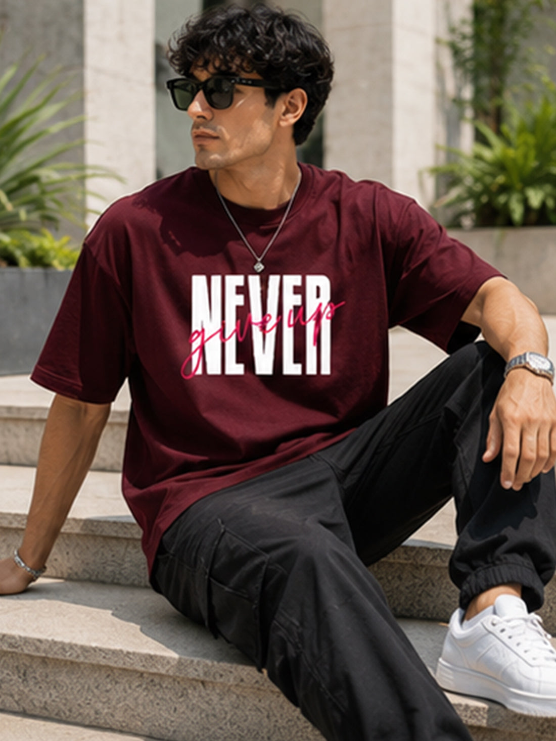 Men's Oversized T-Shirt | Pure Cotton Relaxed Fit Round Neck Streetwear Tee (Wine)