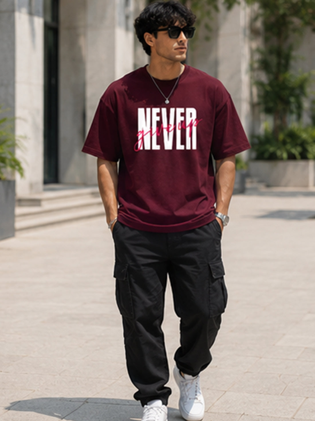 Men's Oversized T-Shirt | Pure Cotton Relaxed Fit Round Neck Streetwear Tee (Wine)