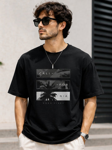Men's Drop Shoulder T-Shirt | Pure Cotton Relaxed Fit Round Neck Streetwear Tee (Black)