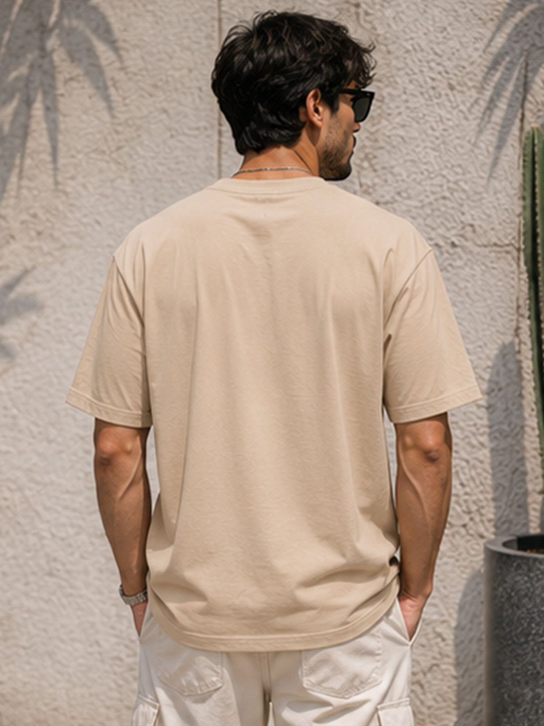 Men's Drop Shoulder T-Shirt | Pure Cotton Relaxed Fit Round Neck Streetwear Tee (Beige)