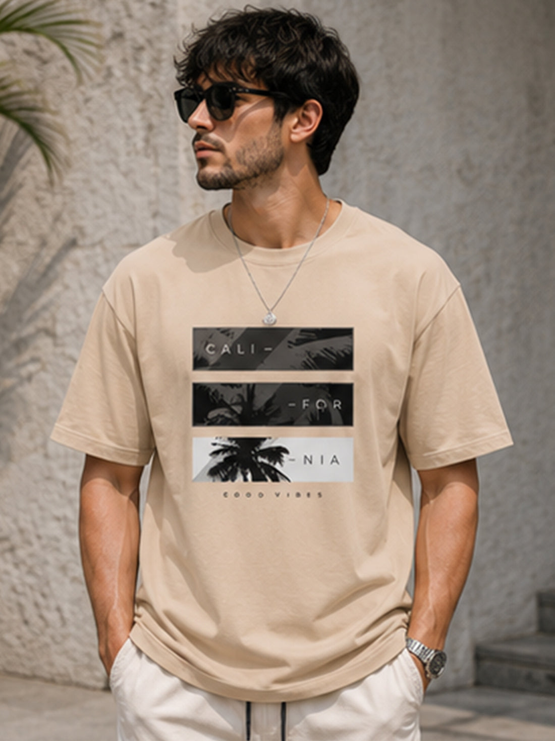 Men's Drop Shoulder T-Shirt | Pure Cotton Relaxed Fit Round Neck Streetwear Tee (Beige)