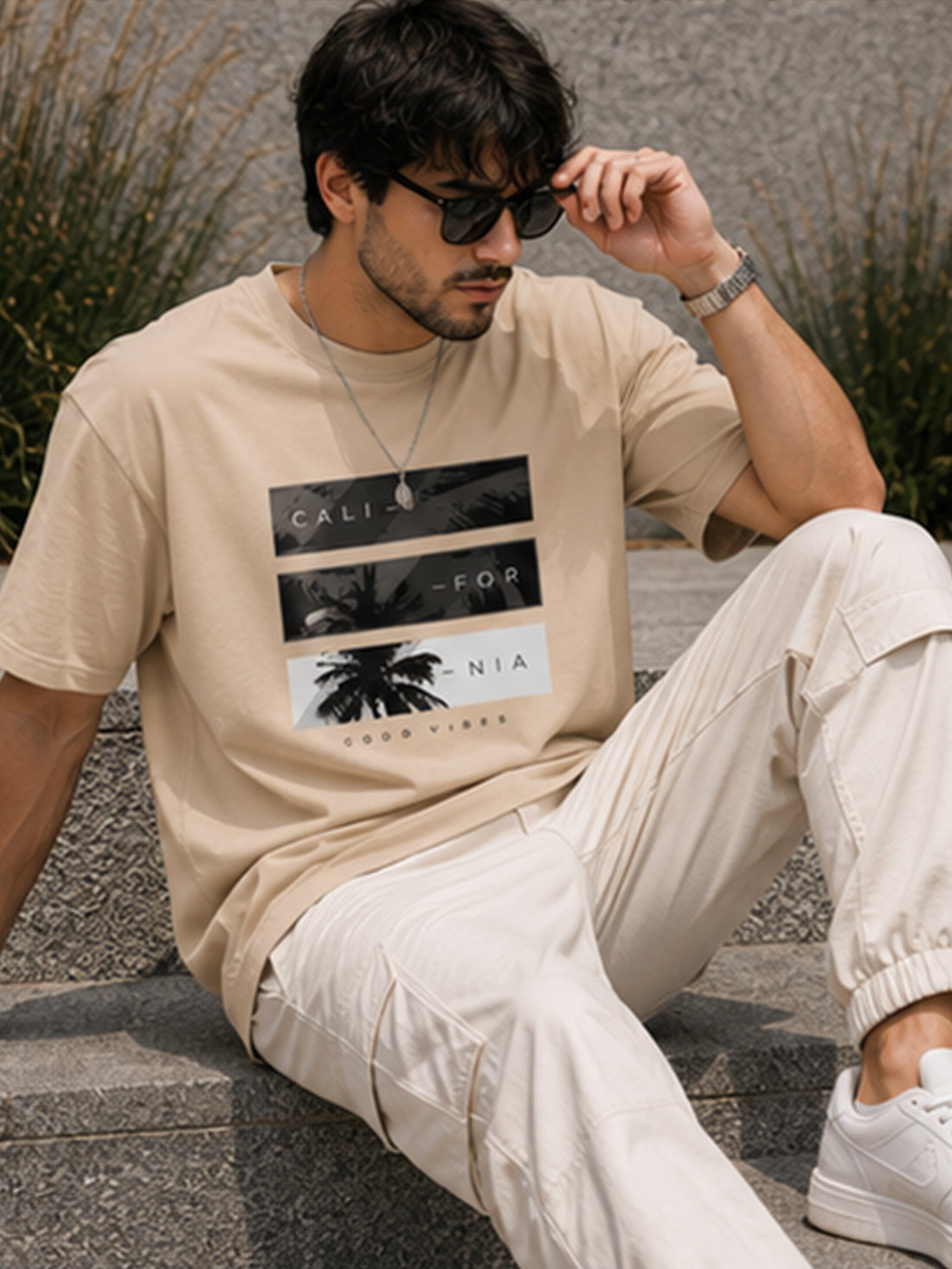 Men's Drop Shoulder T-Shirt | Pure Cotton Relaxed Fit Round Neck Streetwear Tee (Beige)