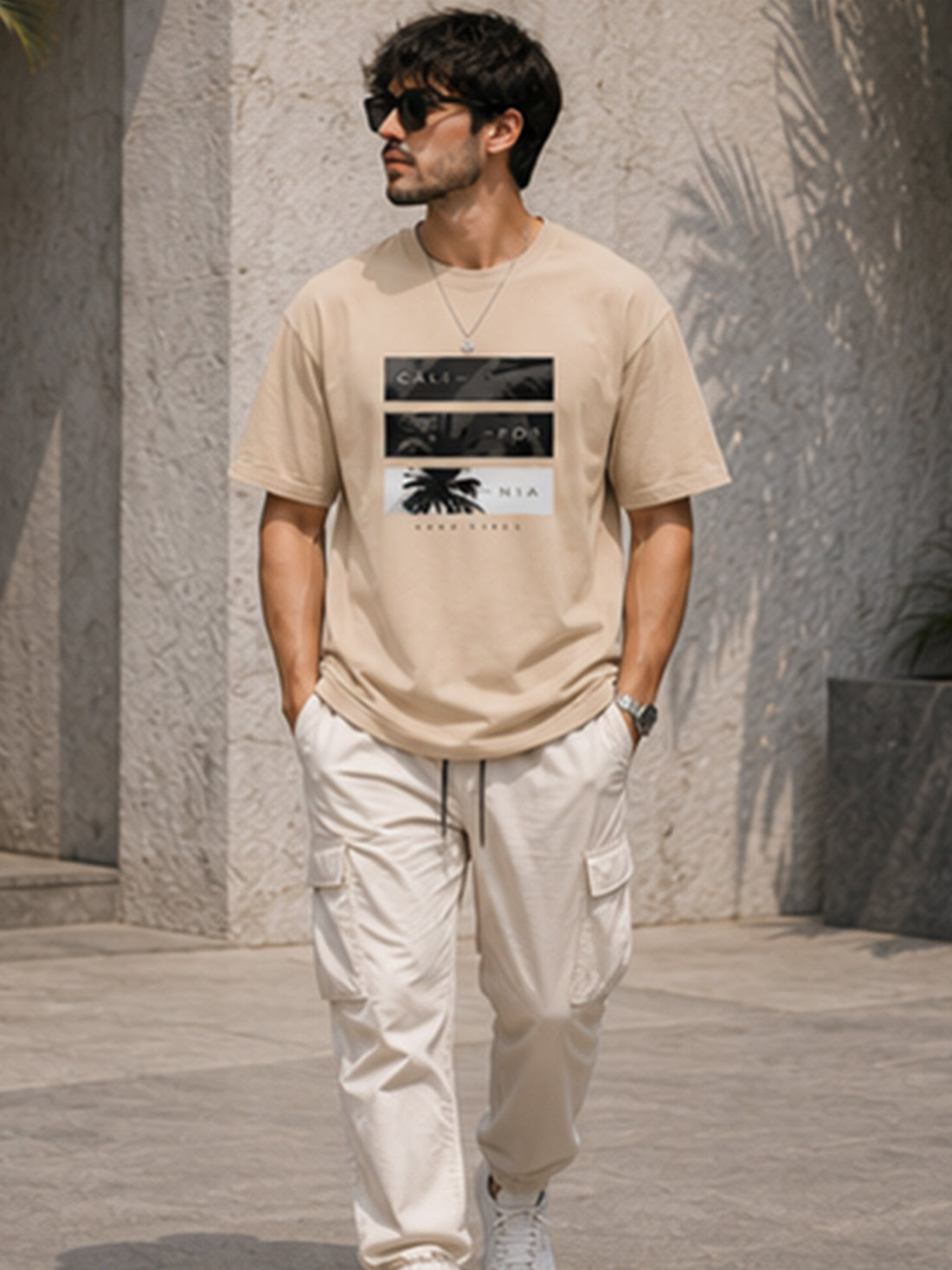 Men's Drop Shoulder T-Shirt | Pure Cotton Relaxed Fit Round Neck Streetwear Tee (Beige)