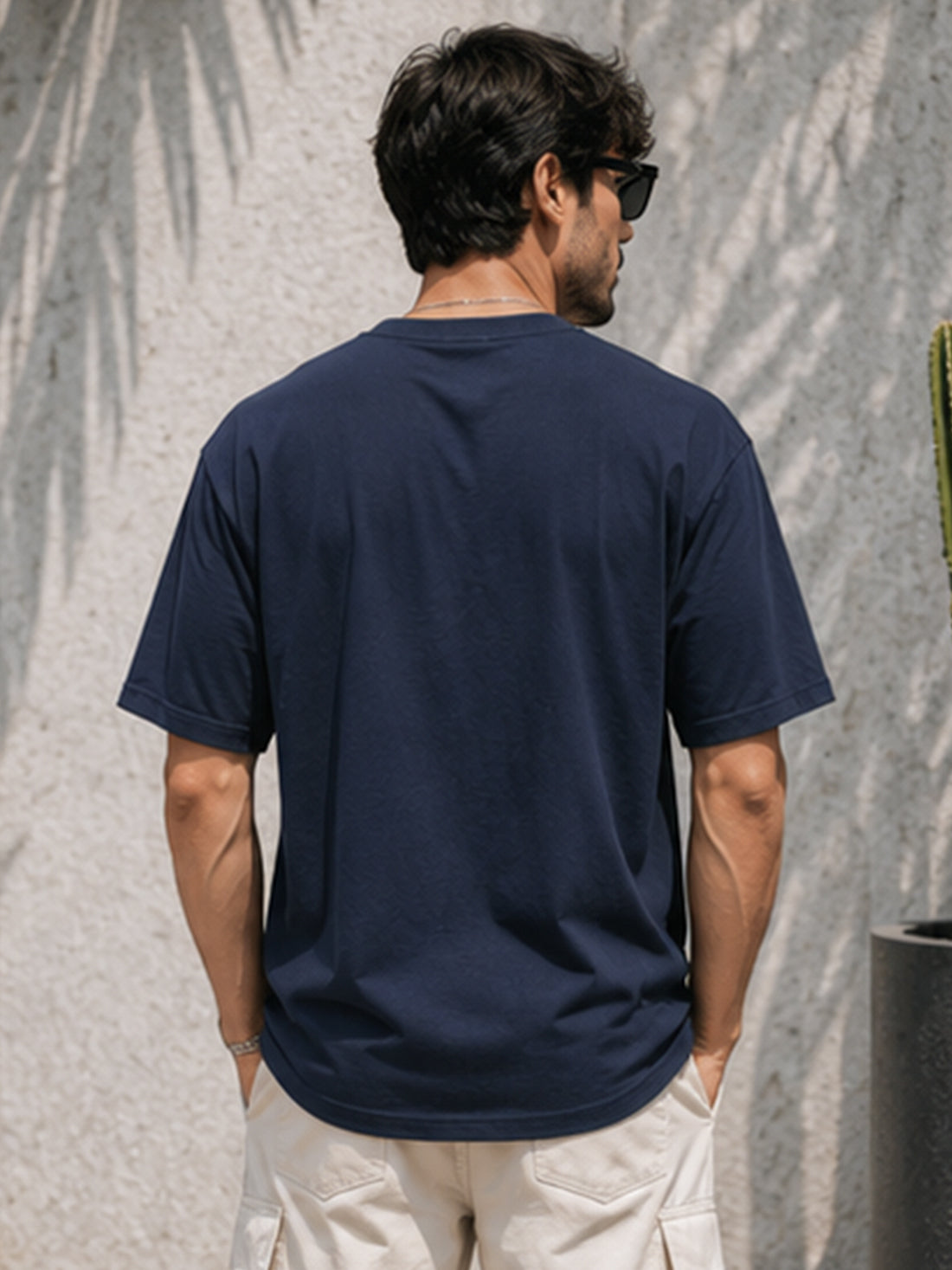 Men's Drop Shoulder T-Shirt | Pure Cotton Relaxed Fit Round Neck Streetwear Tee (Navy Blue)