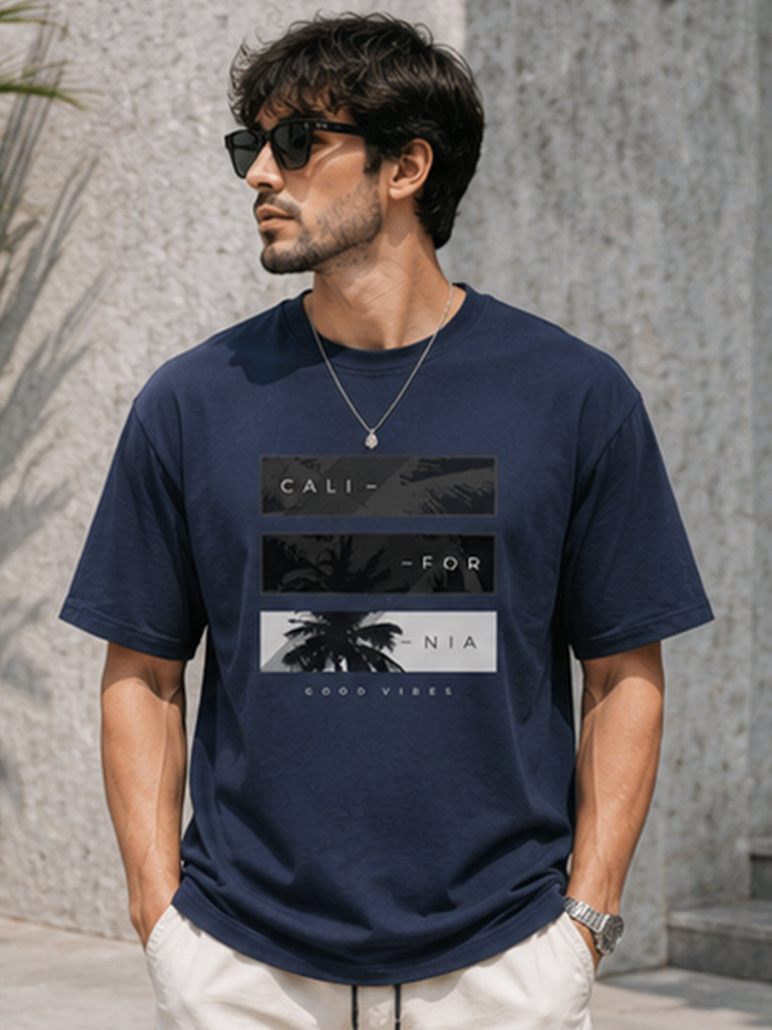 Men's Drop Shoulder T-Shirt | Pure Cotton Relaxed Fit Round Neck Streetwear Tee (Navy Blue)