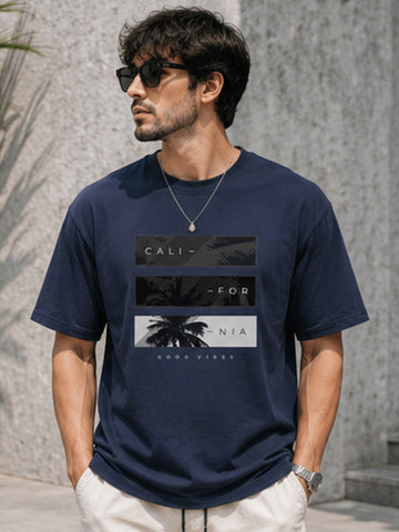 Men's Drop Shoulder T-Shirt | Pure Cotton Relaxed Fit Round Neck Streetwear Tee (Navy Blue)