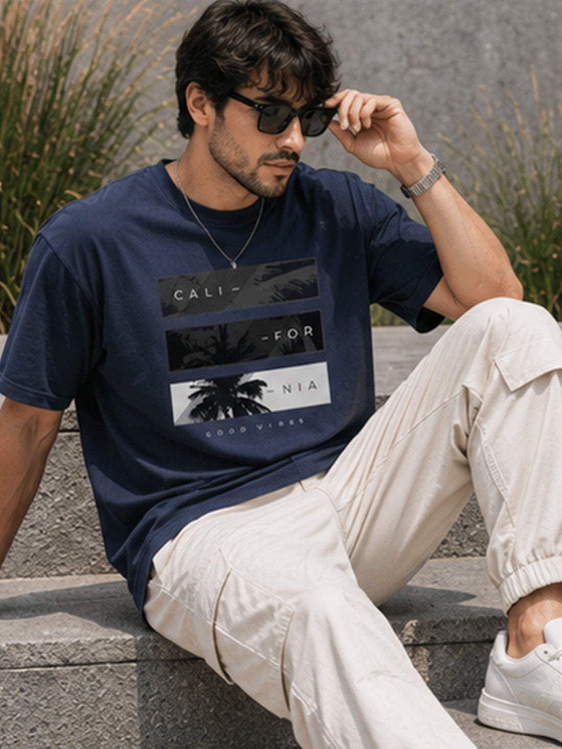 Men's Drop Shoulder T-Shirt | Pure Cotton Relaxed Fit Round Neck Streetwear Tee (Navy Blue)