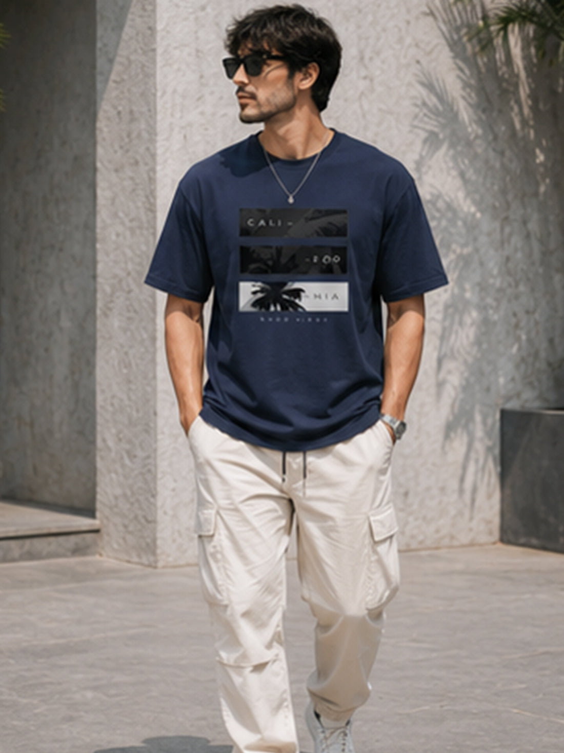 Men's Drop Shoulder T-Shirt | Pure Cotton Relaxed Fit Round Neck Streetwear Tee (Navy Blue)