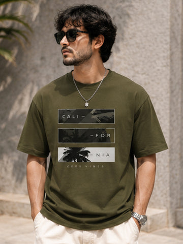 Men's Drop Shoulder T-Shirt | Pure Cotton Relaxed Fit Round Neck Streetwear Tee (Olive)