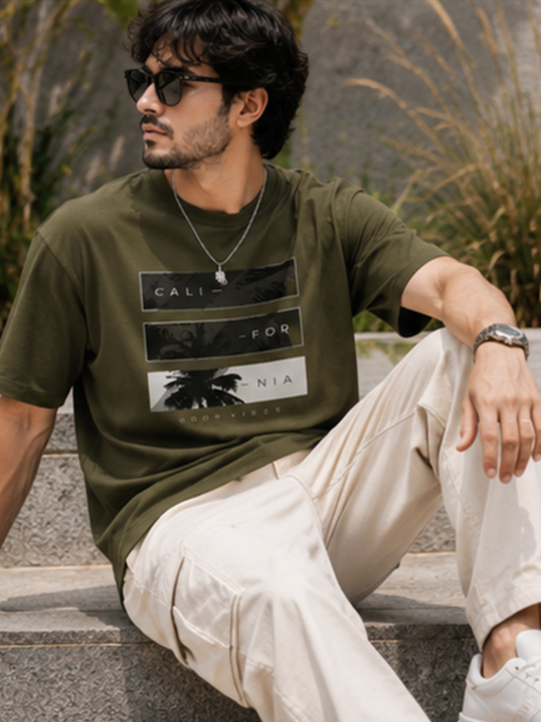 Men's Drop Shoulder T-Shirt | Pure Cotton Relaxed Fit Round Neck Streetwear Tee (Olive)