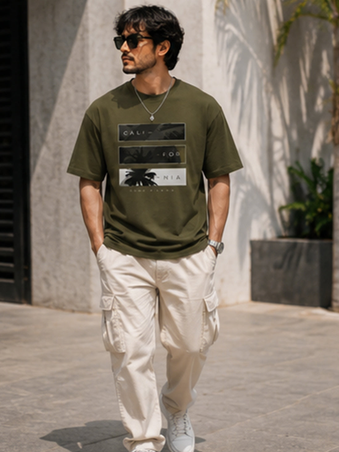 Men's Drop Shoulder T-Shirt | Pure Cotton Relaxed Fit Round Neck Streetwear Tee (Olive)