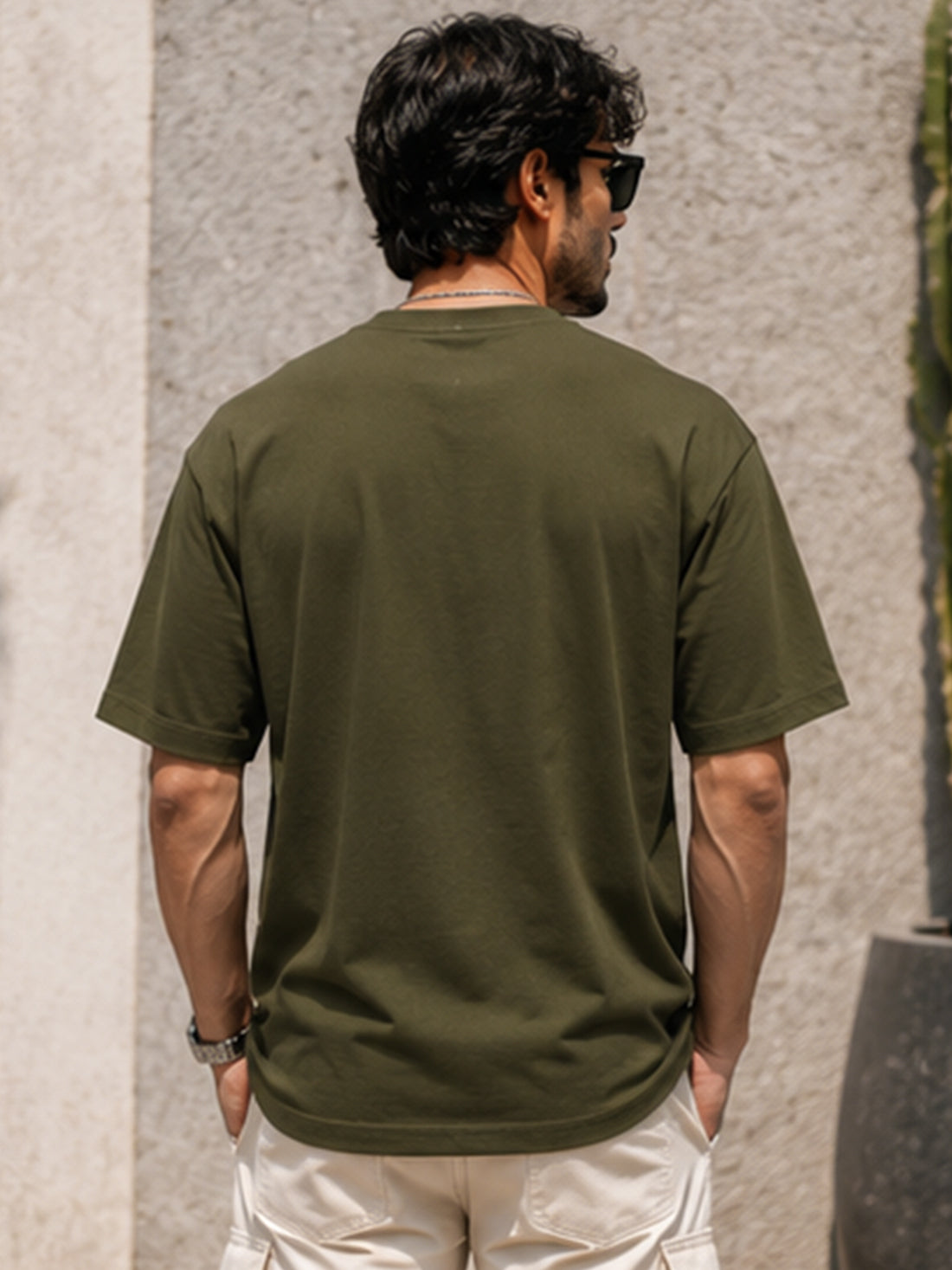 Men's Drop Shoulder T-Shirt | Pure Cotton Relaxed Fit Round Neck Streetwear Tee (Olive)