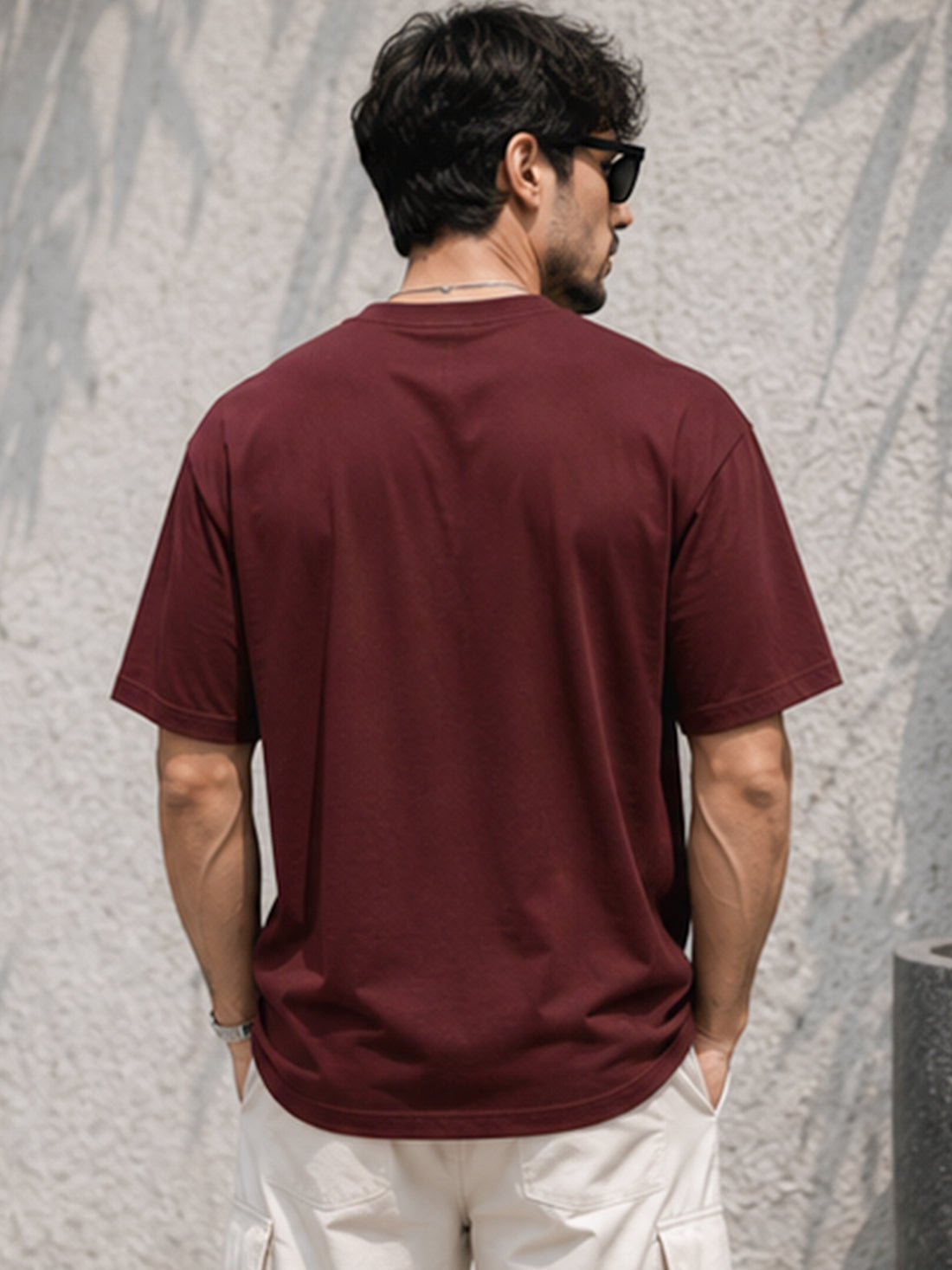 Men's Drop Shoulder T-Shirt | Pure Cotton Relaxed Fit Round Neck Streetwear Tee (Wine)