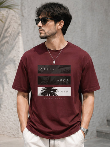 Men's Drop Shoulder T-Shirt | Pure Cotton Relaxed Fit Round Neck Streetwear Tee (Wine)