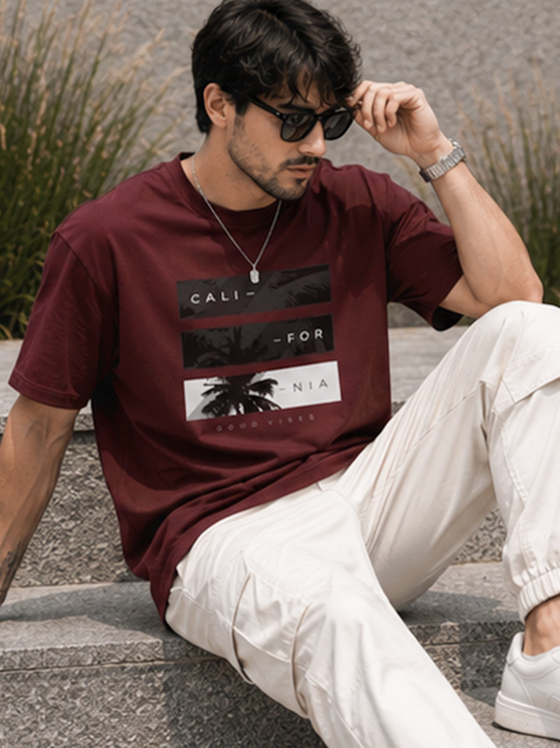 Men's Drop Shoulder T-Shirt | Pure Cotton Relaxed Fit Round Neck Streetwear Tee (Wine)
