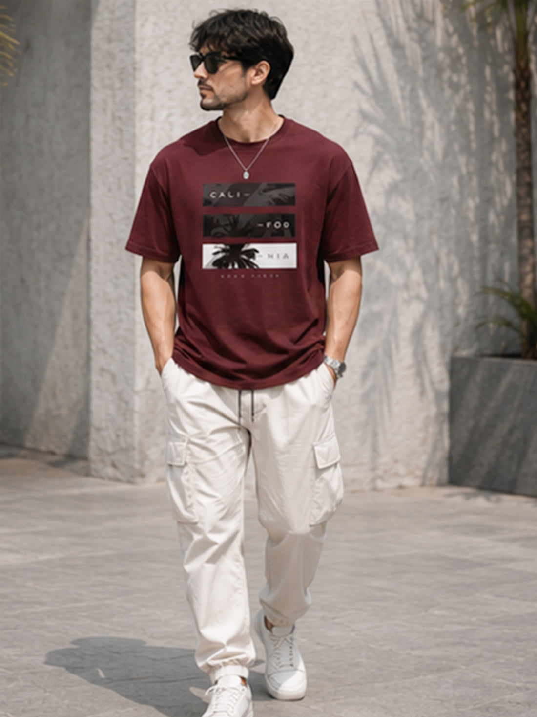 Men's Drop Shoulder T-Shirt | Pure Cotton Relaxed Fit Round Neck Streetwear Tee (Wine)