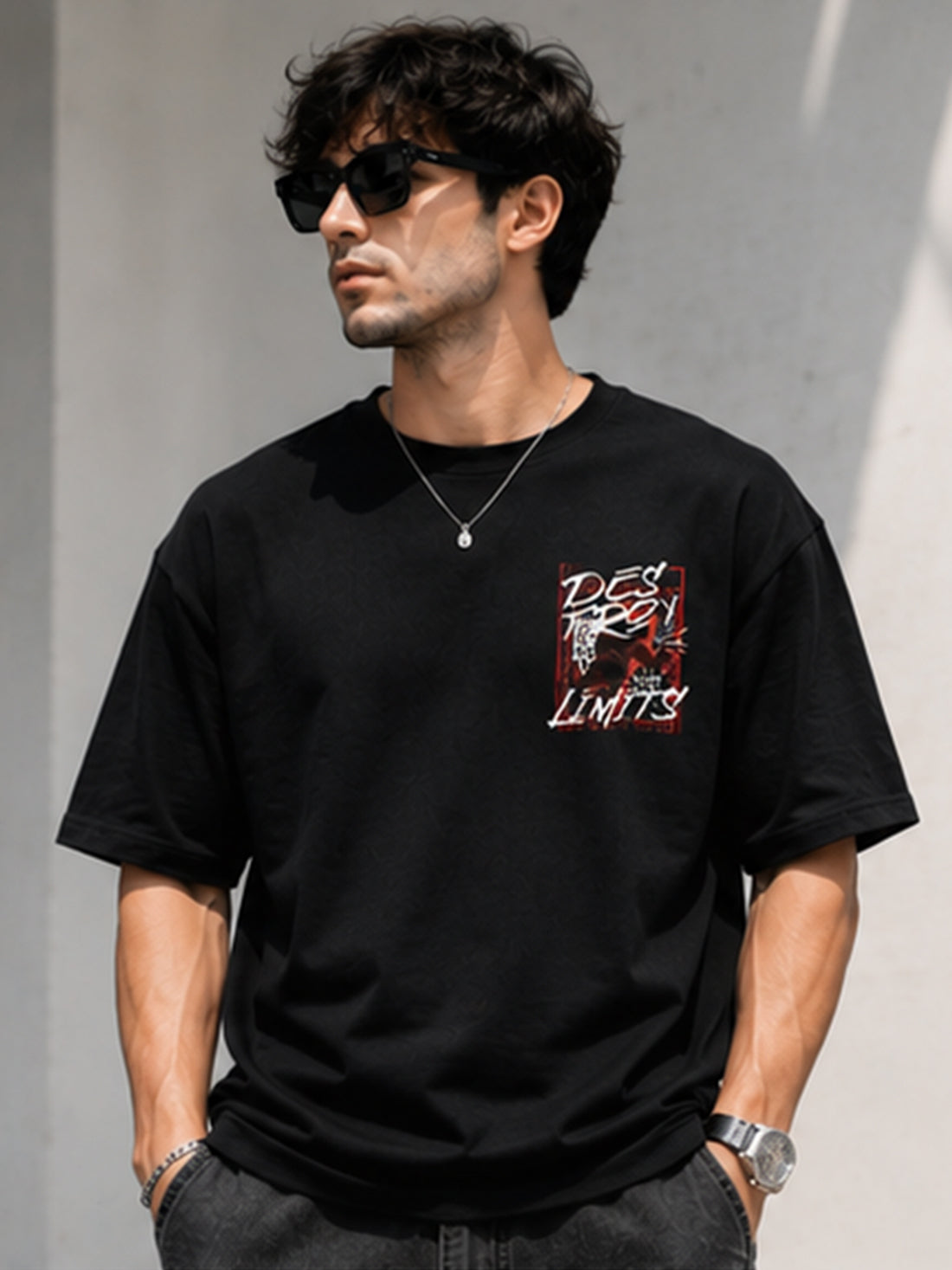 Men's Oversized Drop Shoulder T-Shirt | Pure Cotton Round Neck Relaxed Fit Streetwear Tee (Black)