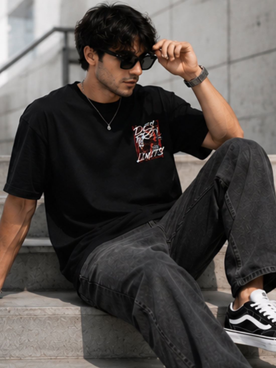 Men's Oversized Drop Shoulder T-Shirt | Pure Cotton Round Neck Relaxed Fit Streetwear Tee (Black)