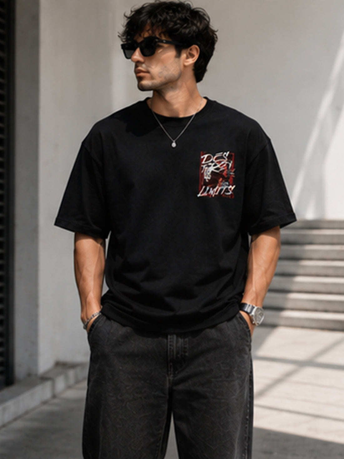 Men's Oversized Drop Shoulder T-Shirt | Pure Cotton Round Neck Relaxed Fit Streetwear Tee (Black)