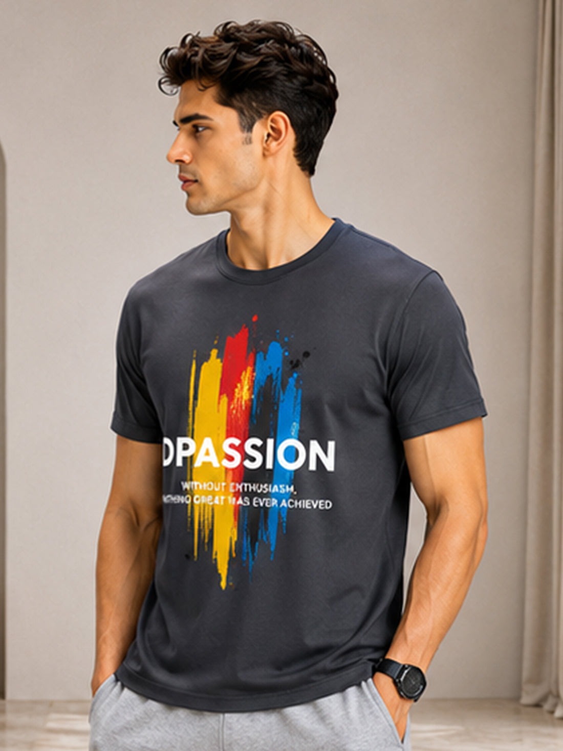 Men's Quick Dry Sports T-Shirt | Printed Gym Workout Running Training Activewear Tee (Grey)