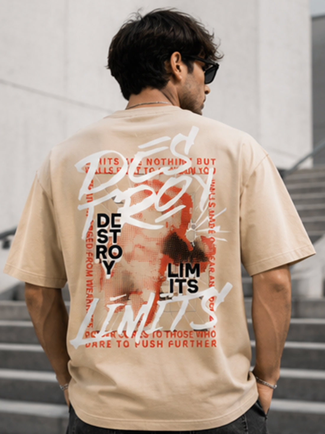 Men's Oversized Drop Shoulder T-Shirt | Pure Cotton Round Neck Relaxed Fit Streetwear Tee (Beige)