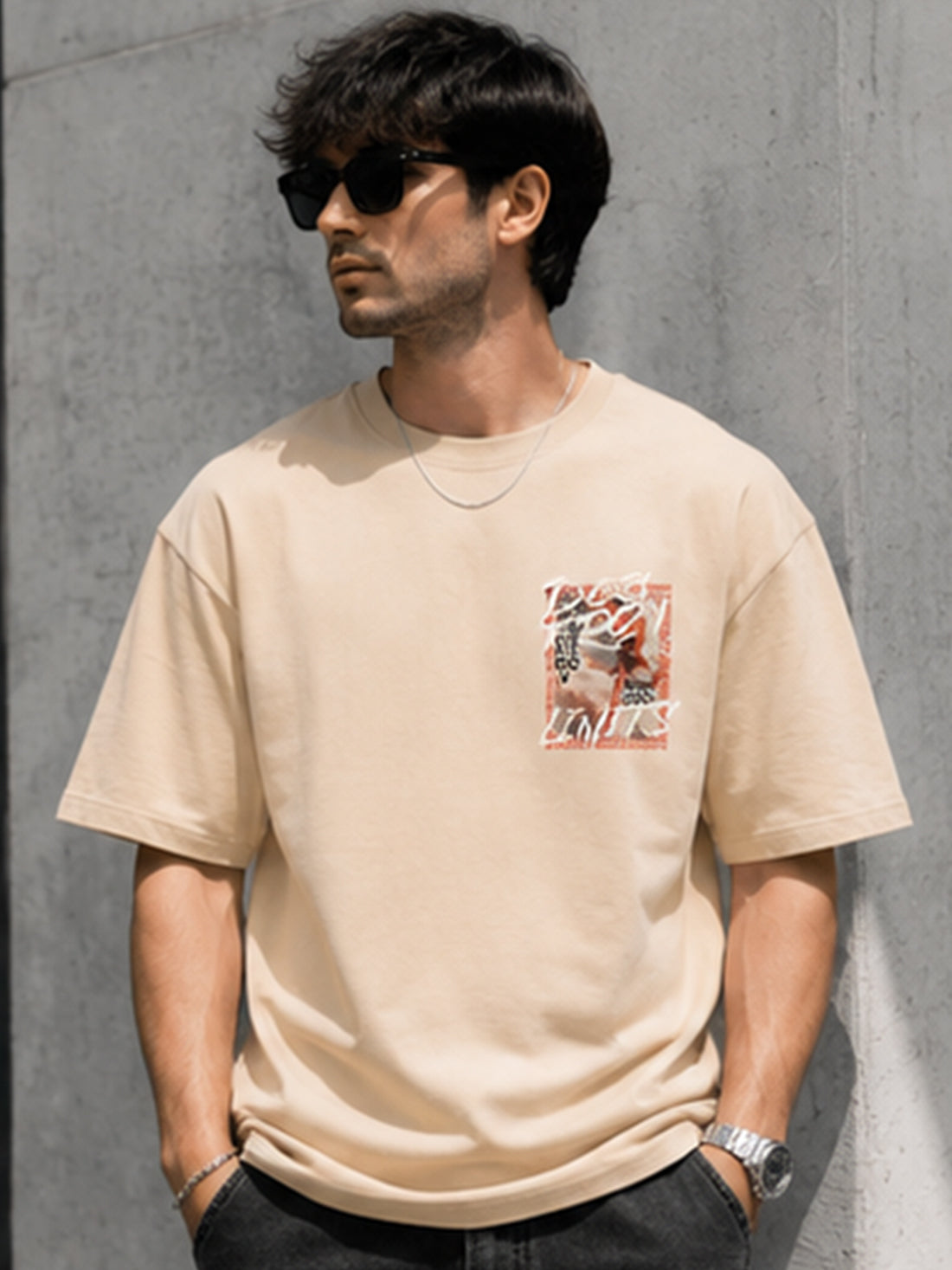 Men's Oversized Drop Shoulder T-Shirt | Pure Cotton Round Neck Relaxed Fit Streetwear Tee (Beige)