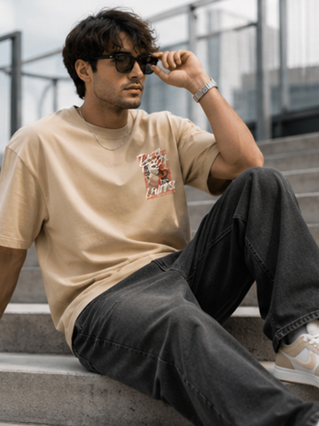 Men's Oversized Drop Shoulder T-Shirt | Pure Cotton Round Neck Relaxed Fit Streetwear Tee (Beige)