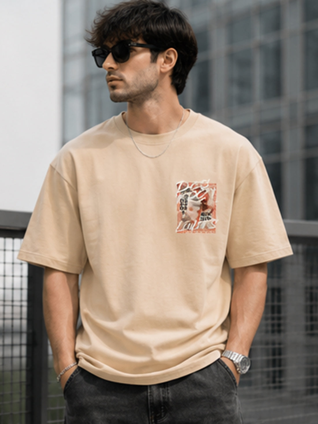 Men's Oversized Drop Shoulder T-Shirt | Pure Cotton Round Neck Relaxed Fit Streetwear Tee (Beige)