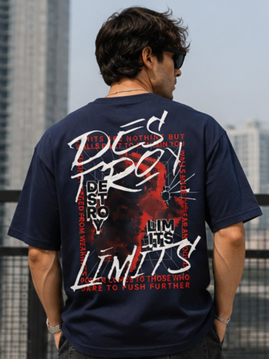 Men's Oversized Drop Shoulder T-Shirt | Pure Cotton Round Neck Relaxed Fit Streetwear Tee (Navy Blue)