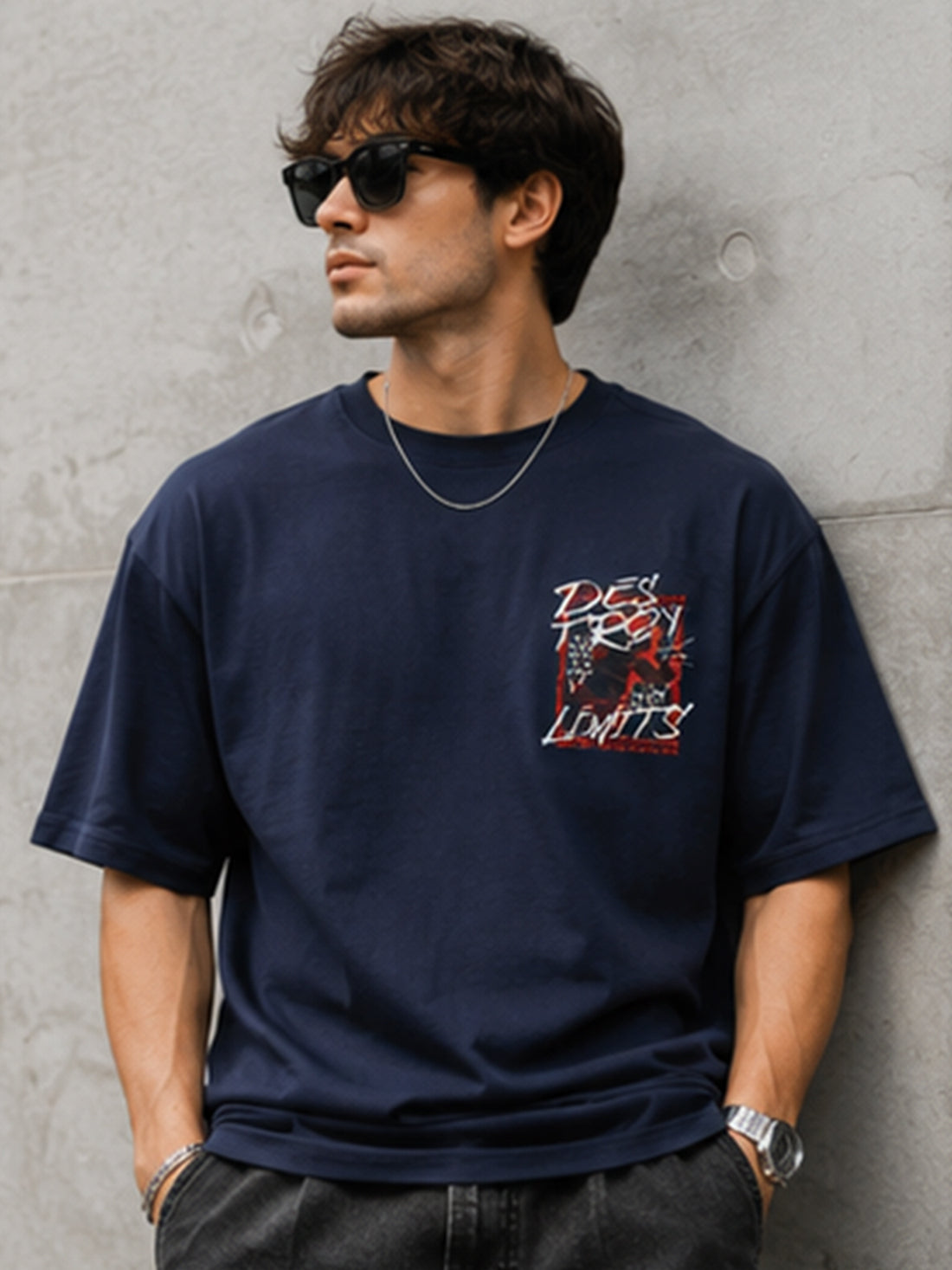 Men's Oversized Drop Shoulder T-Shirt | Pure Cotton Round Neck Relaxed Fit Streetwear Tee (Navy Blue)