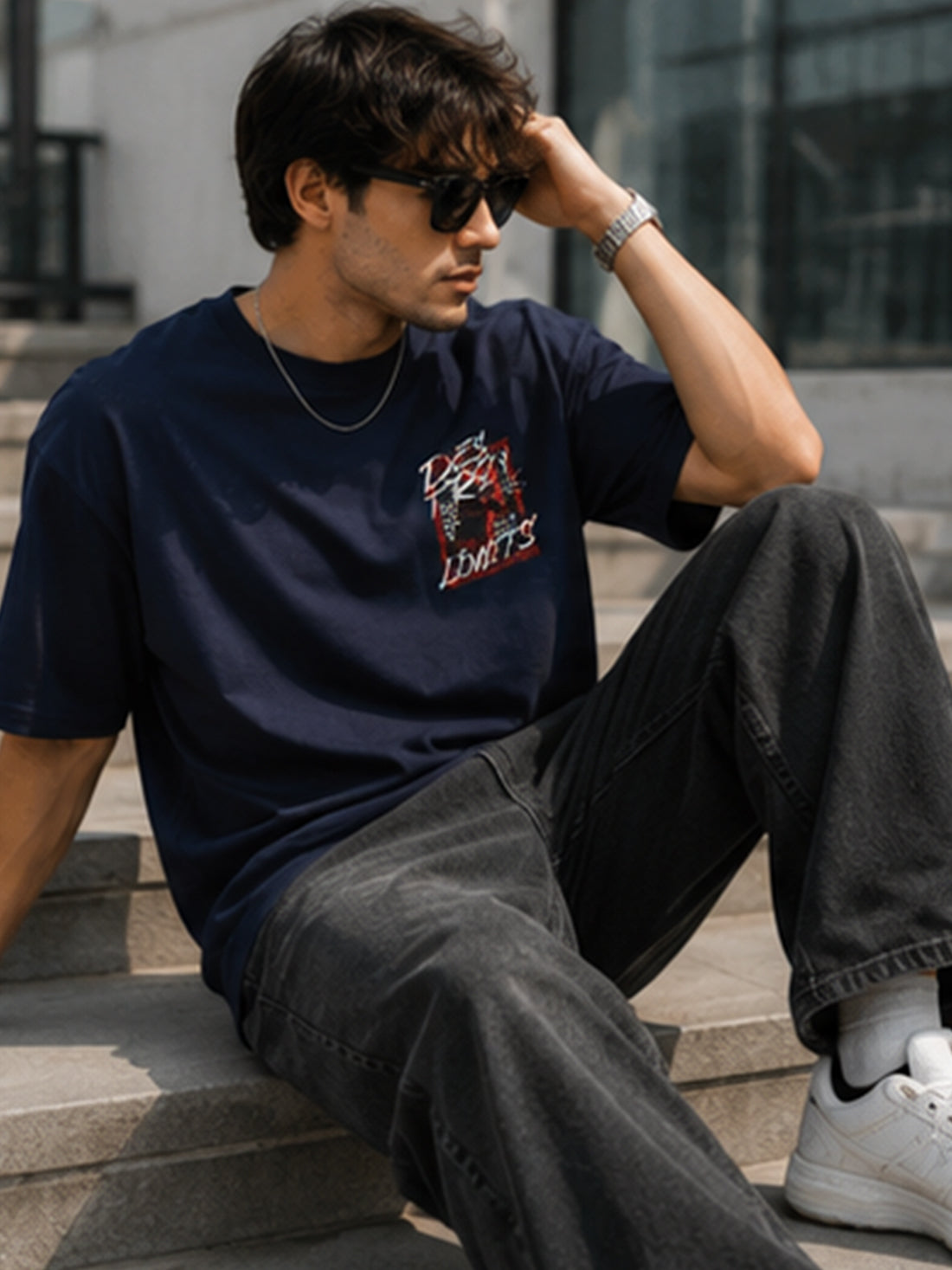 Men's Oversized Drop Shoulder T-Shirt | Pure Cotton Round Neck Relaxed Fit Streetwear Tee (Navy Blue)