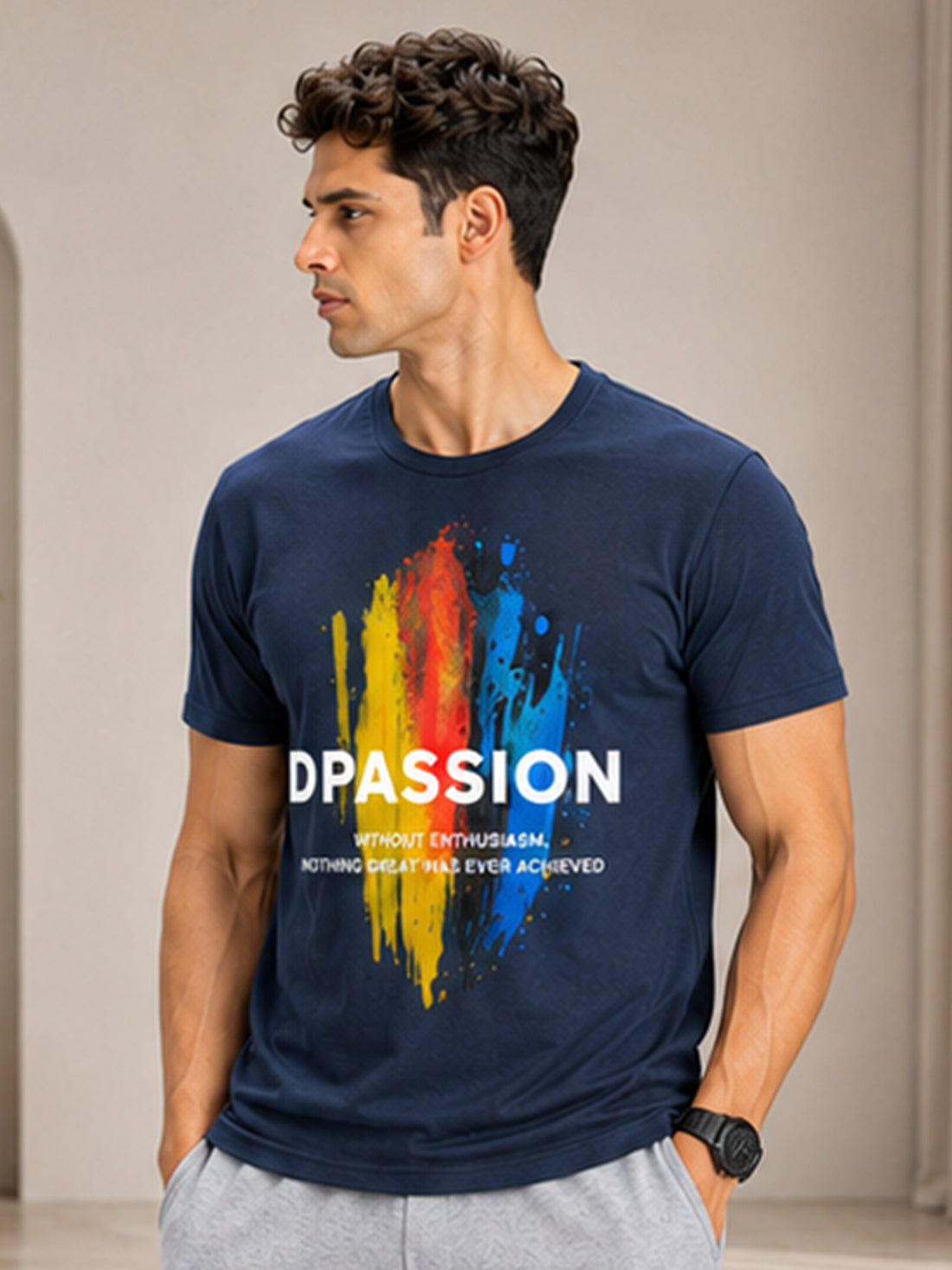 Men's Quick Dry Sports T-Shirt | Printed Gym Workout Running Training Activewear Tee (Navy Blue)