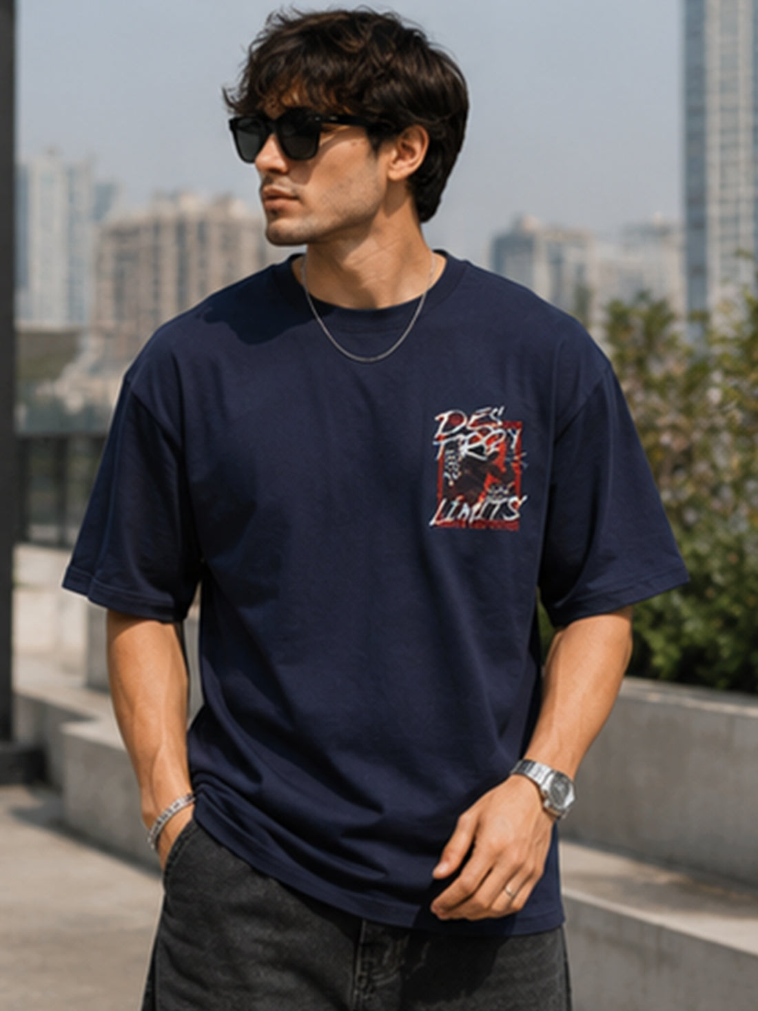 Men's Oversized Drop Shoulder T-Shirt | Pure Cotton Round Neck Relaxed Fit Streetwear Tee (Navy Blue)