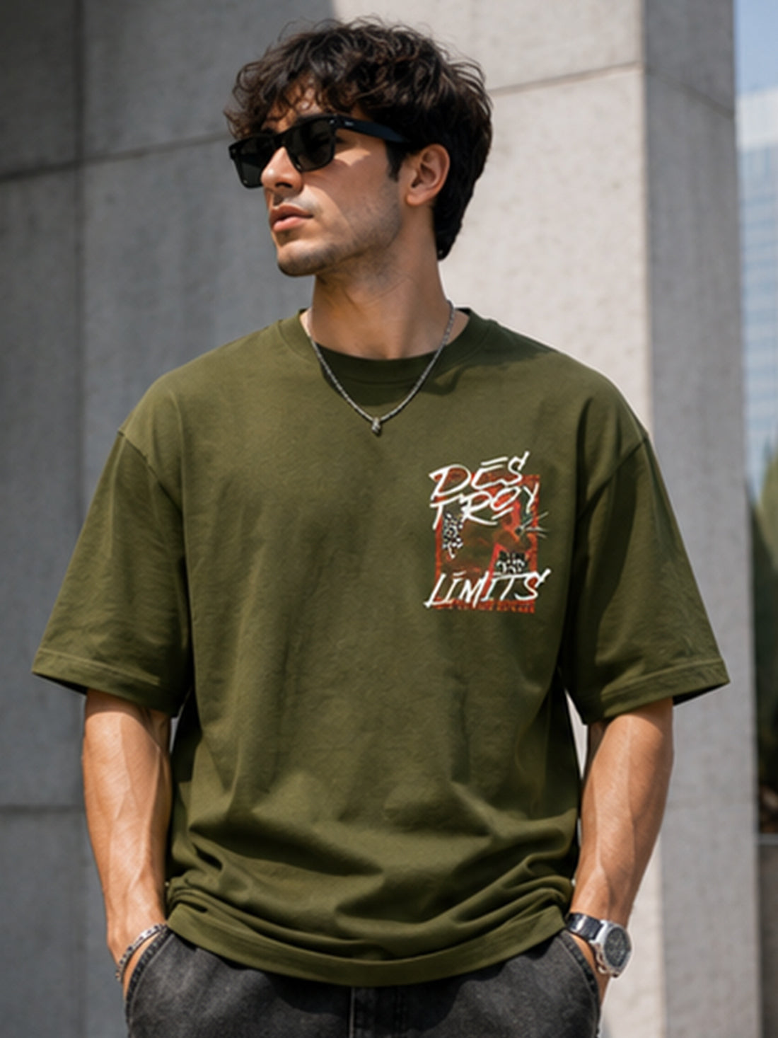 Men's Oversized Drop Shoulder T-Shirt | Pure Cotton Round Neck Relaxed Fit Streetwear Tee (Olive)