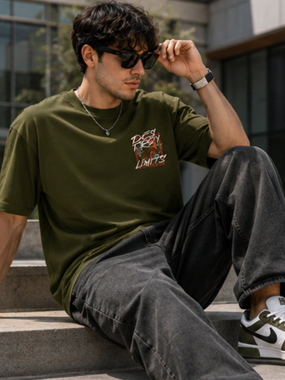 Men's Oversized Drop Shoulder T-Shirt | Pure Cotton Round Neck Relaxed Fit Streetwear Tee (Olive)