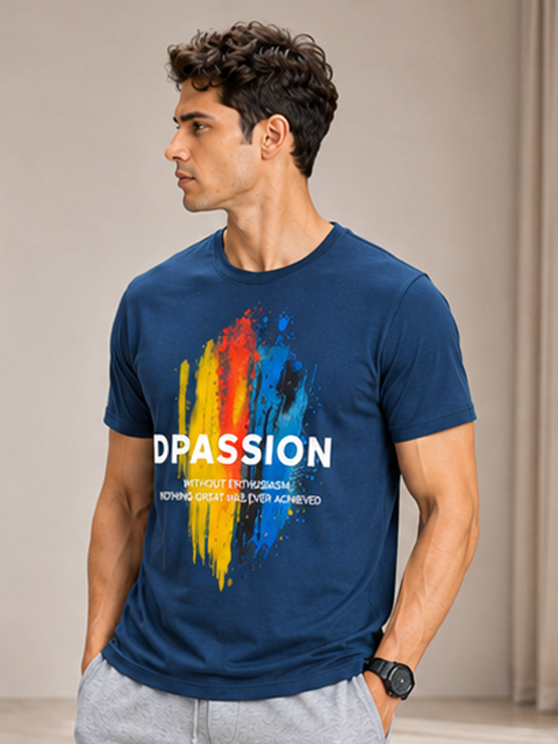 Men's Quick Dry Sports T-Shirt | Printed Gym Workout Running Training Activewear Tee (Blue)