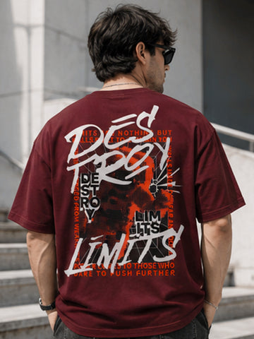 Men's Oversized Drop Shoulder T-Shirt | Pure Cotton Round Neck Relaxed Fit Streetwear Tee (Wine)
