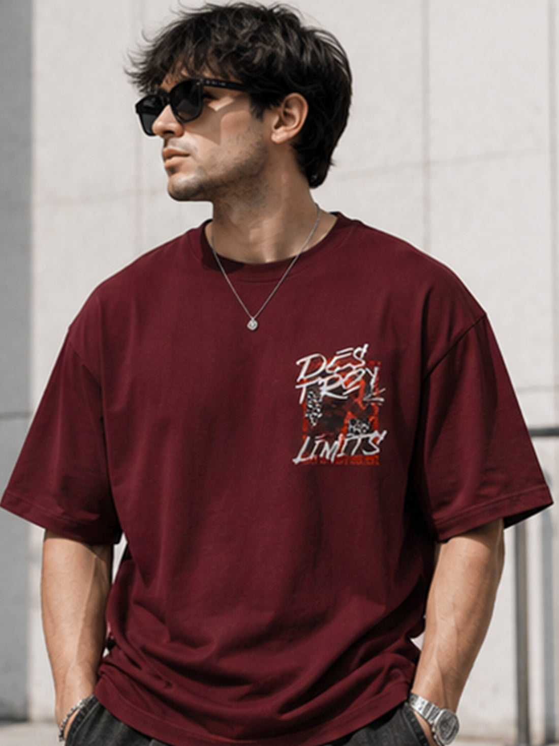 Men's Oversized Drop Shoulder T-Shirt | Pure Cotton Round Neck Relaxed Fit Streetwear Tee (Wine)