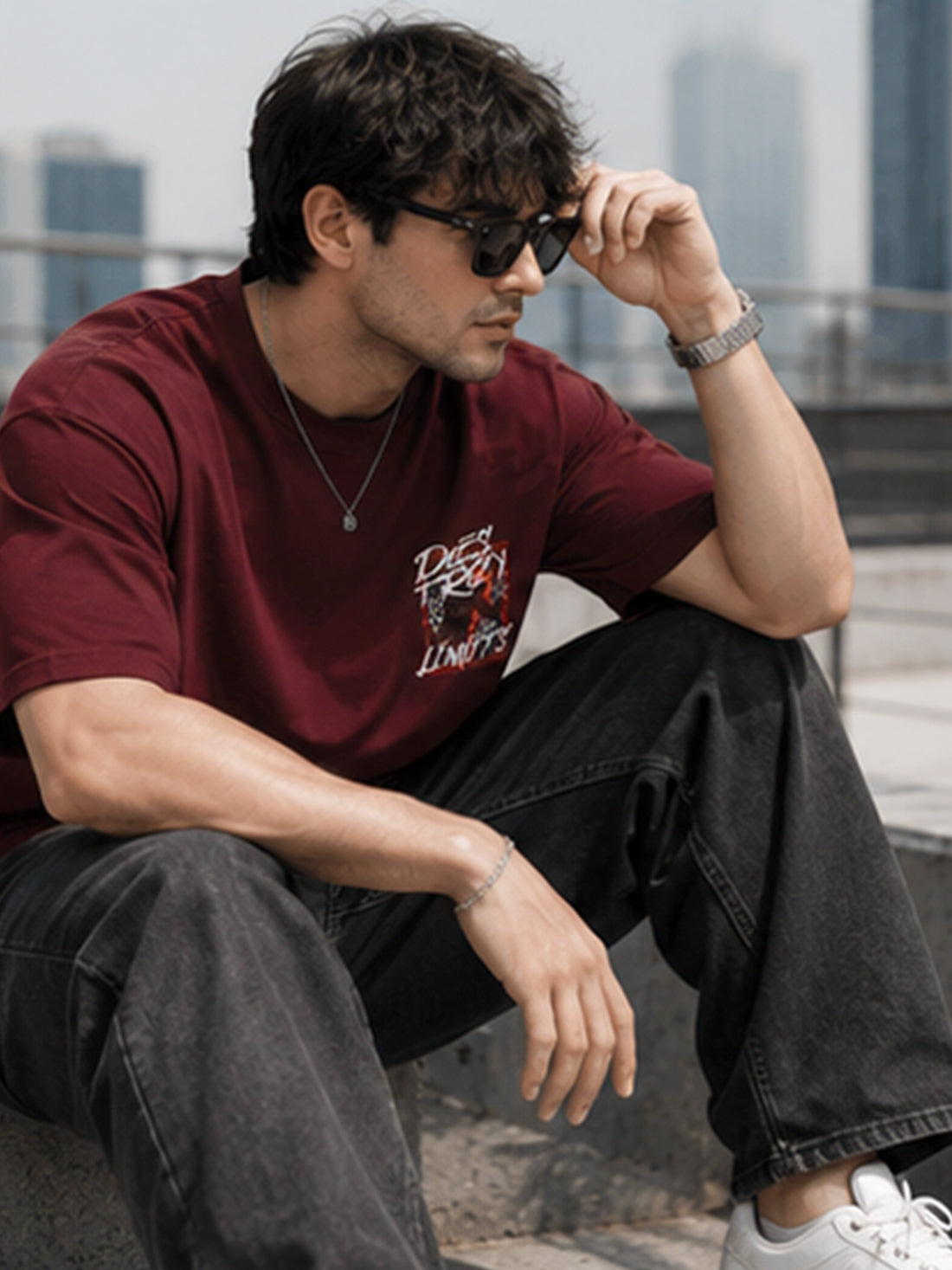Men's Oversized Drop Shoulder T-Shirt | Pure Cotton Round Neck Relaxed Fit Streetwear Tee (Wine)