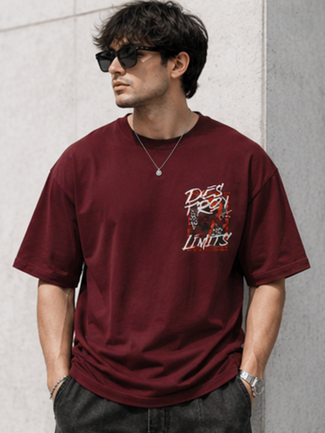 Men's Oversized Drop Shoulder T-Shirt | Pure Cotton Round Neck Relaxed Fit Streetwear Tee (Wine)