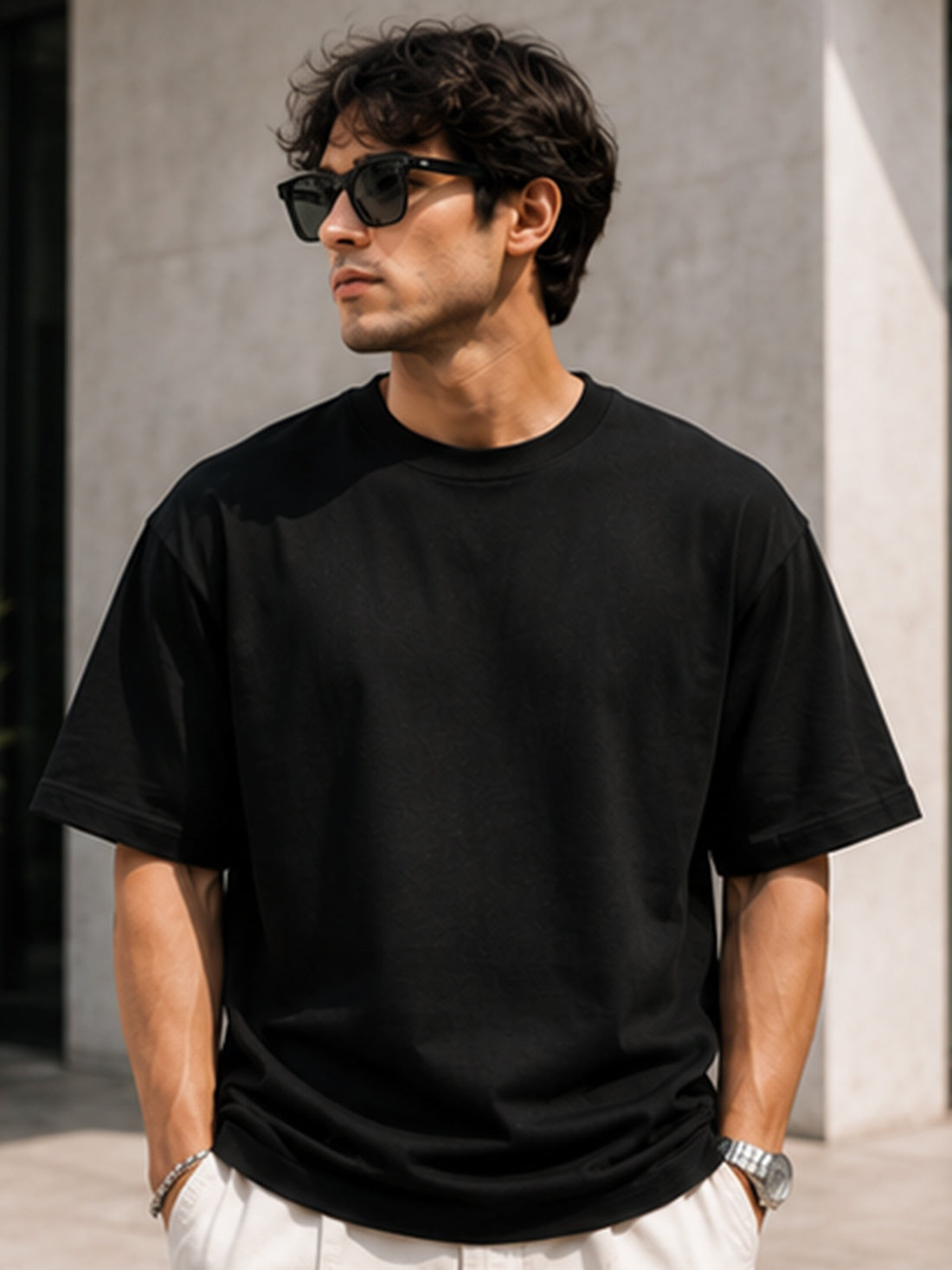 Men's Oversized Drop Shoulder T-Shirt | Pure Cotton Relaxed Fit Round Neck Pullover Tee (Black)