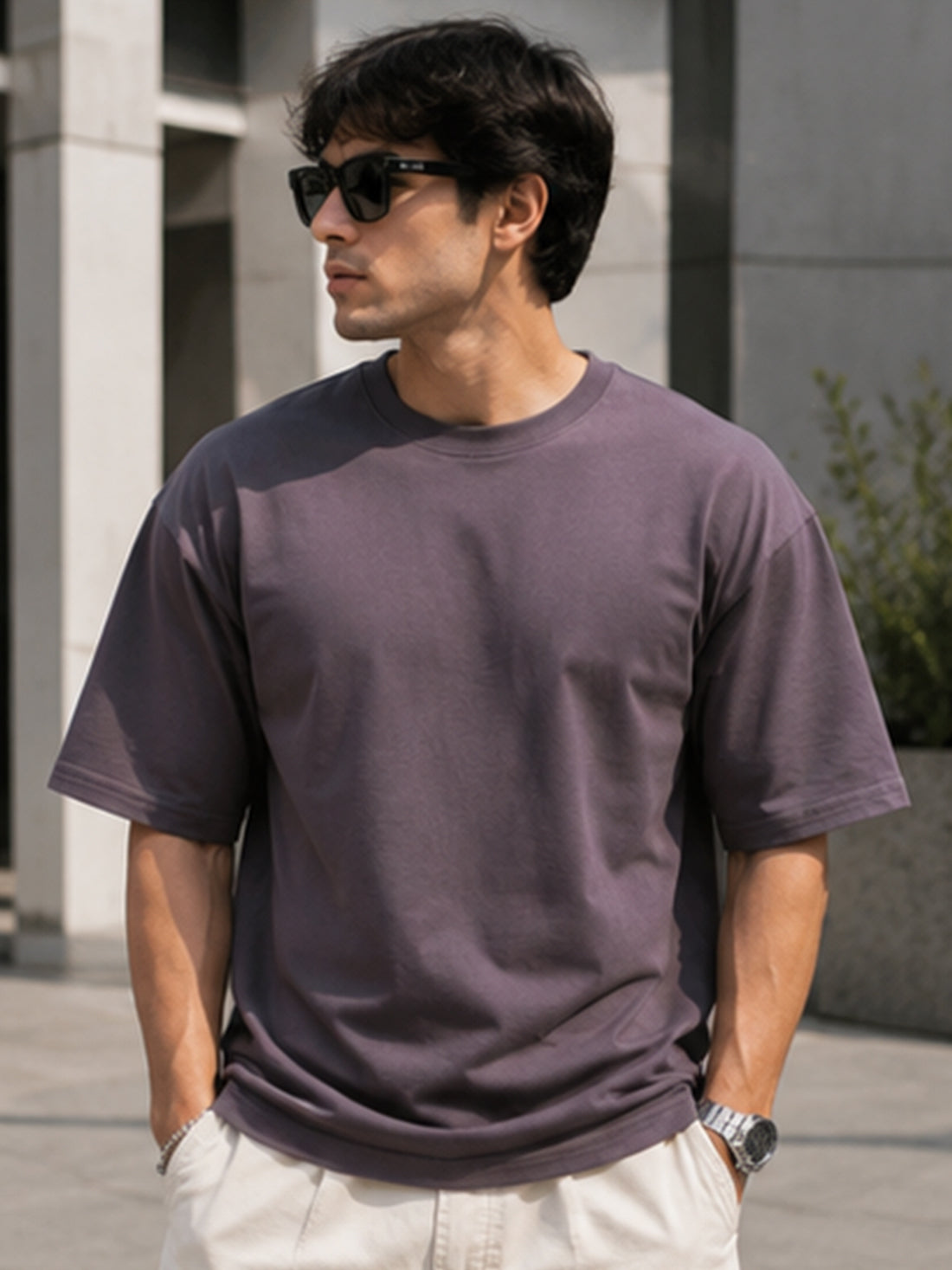 Men's Oversized Drop Shoulder T-Shirt | Pure Cotton Relaxed Fit Round Neck Pullover Tee (Grey)
