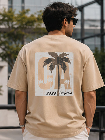 Men's Oversized Drop Shoulder T-Shirt | Pure Cotton Relaxed Fit Round Neck Pullover Tee (Beige)