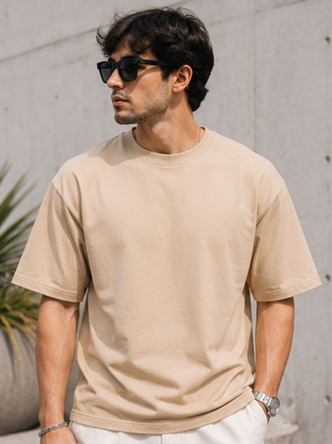 Men's Oversized Drop Shoulder T-Shirt | Pure Cotton Relaxed Fit Round Neck Pullover Tee (Beige)