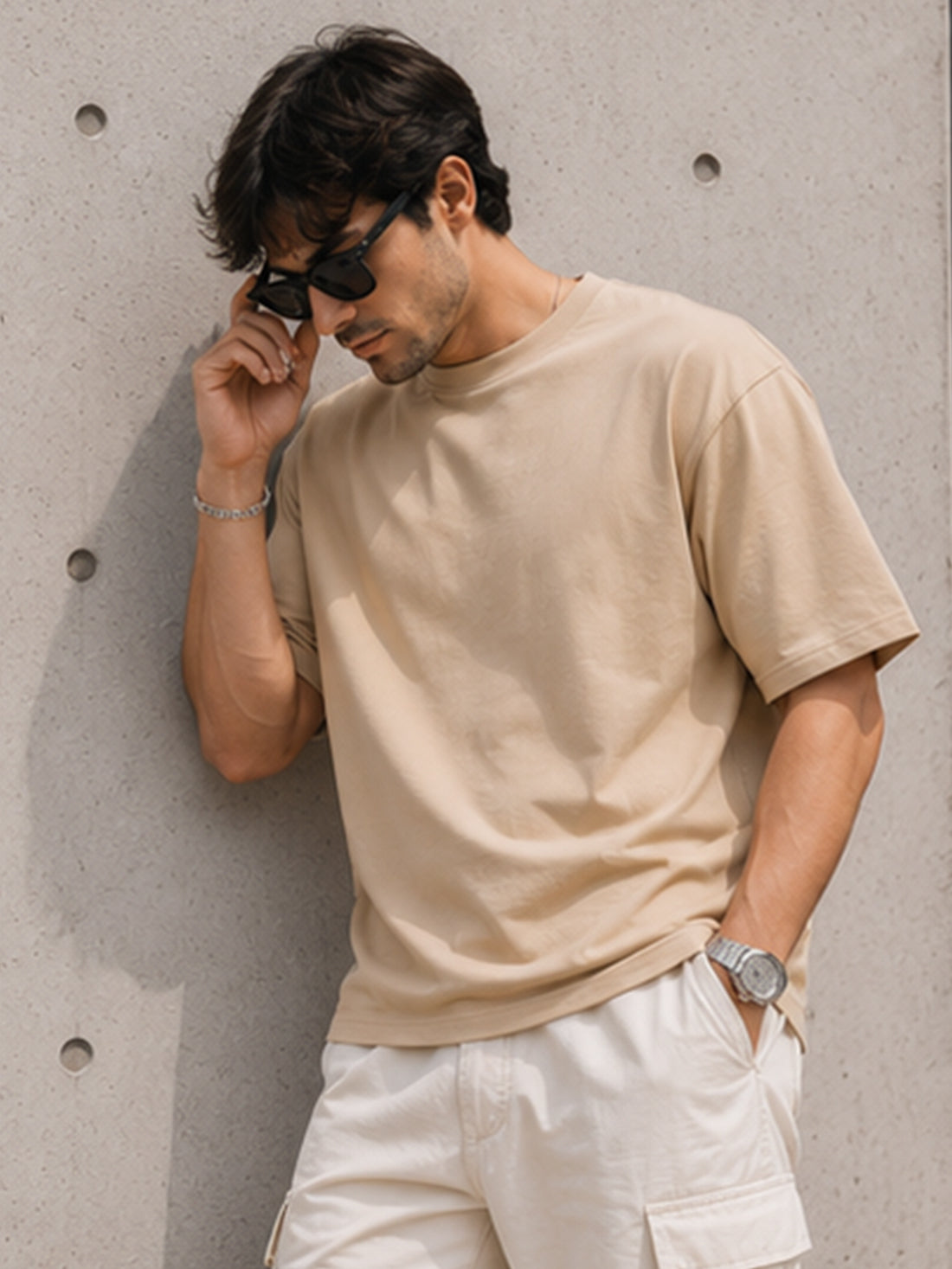 Men's Oversized Drop Shoulder T-Shirt | Pure Cotton Relaxed Fit Round Neck Pullover Tee (Beige)