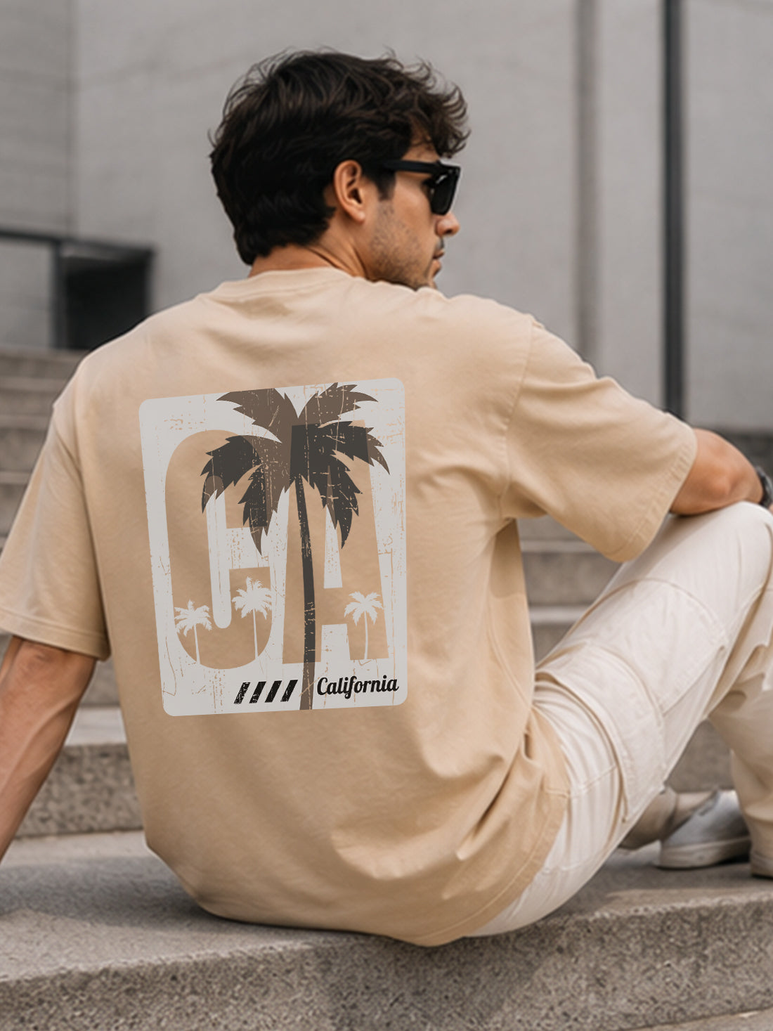 Men's Oversized Drop Shoulder T-Shirt | Pure Cotton Relaxed Fit Round Neck Pullover Tee (Beige)