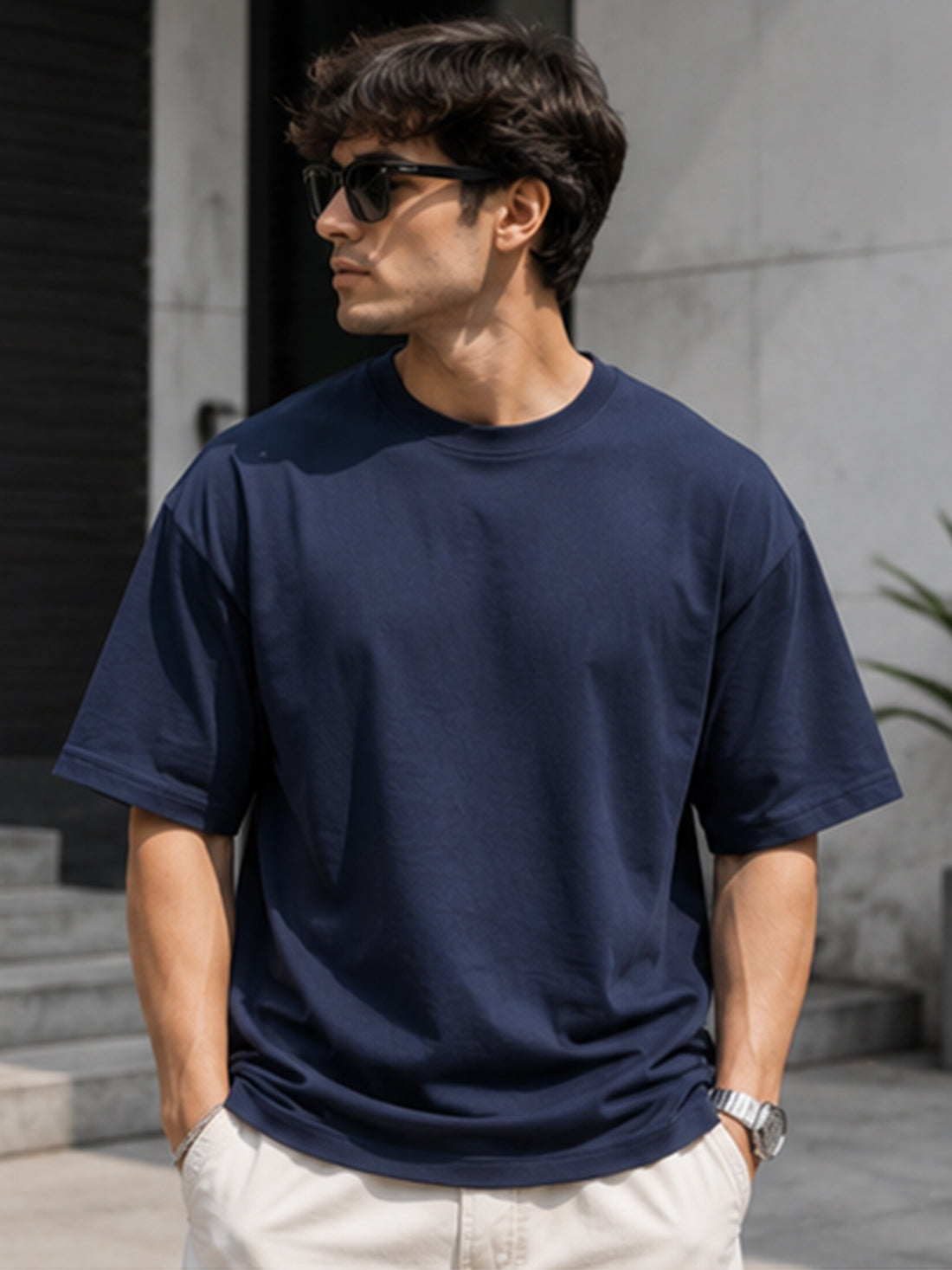 Men's Oversized Drop Shoulder T-Shirt | Pure Cotton Relaxed Fit Round Neck Pullover Tee (Navy Blue)