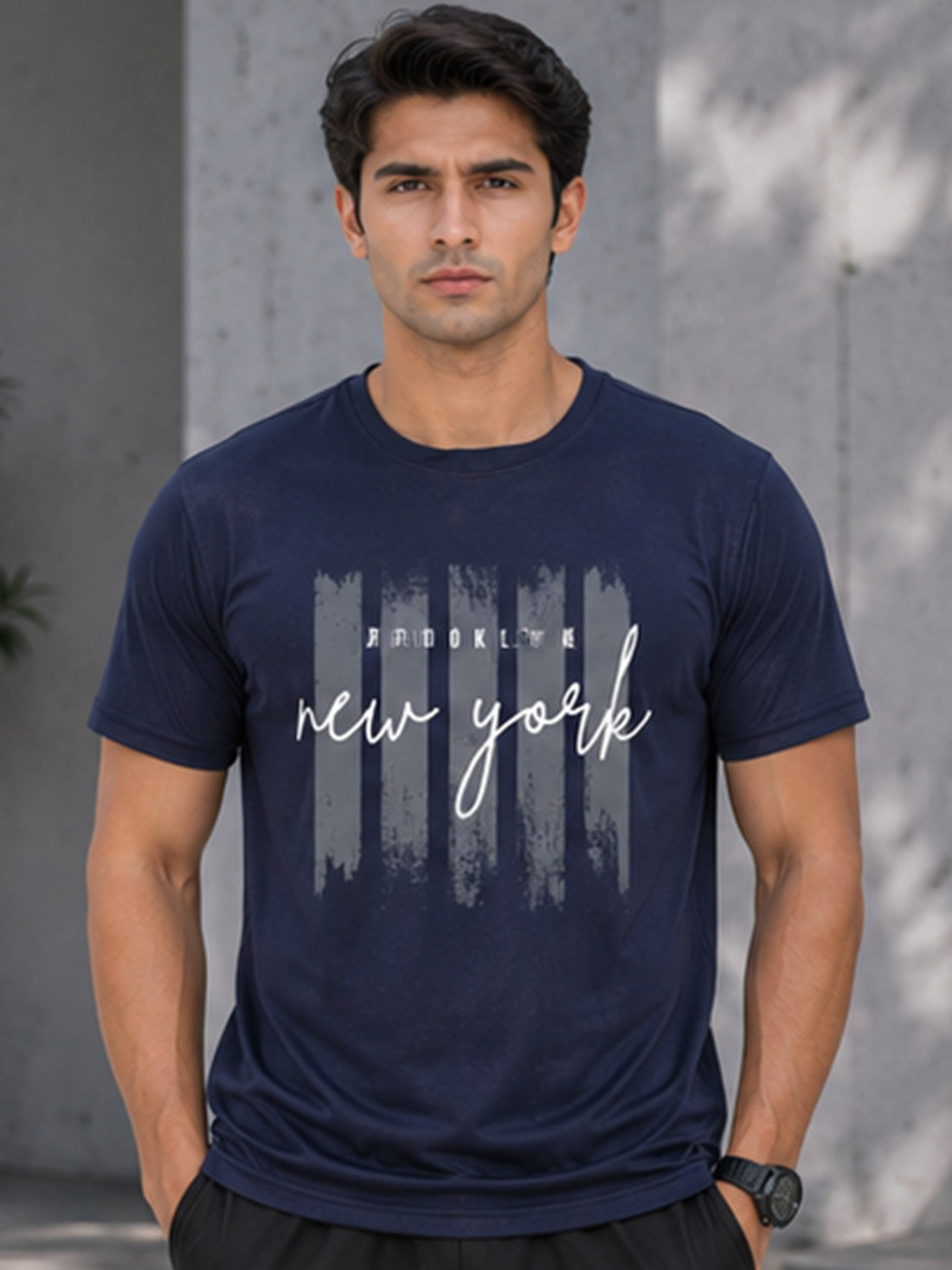 Men's Quick Dry Sports T-Shirt | Printed Gym Workout Running Training Activewear Tee (Navy Blue)