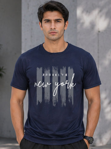 Men's Quick Dry Sports T-Shirt | Printed Gym Workout Running Training Activewear Tee (Navy Blue)
