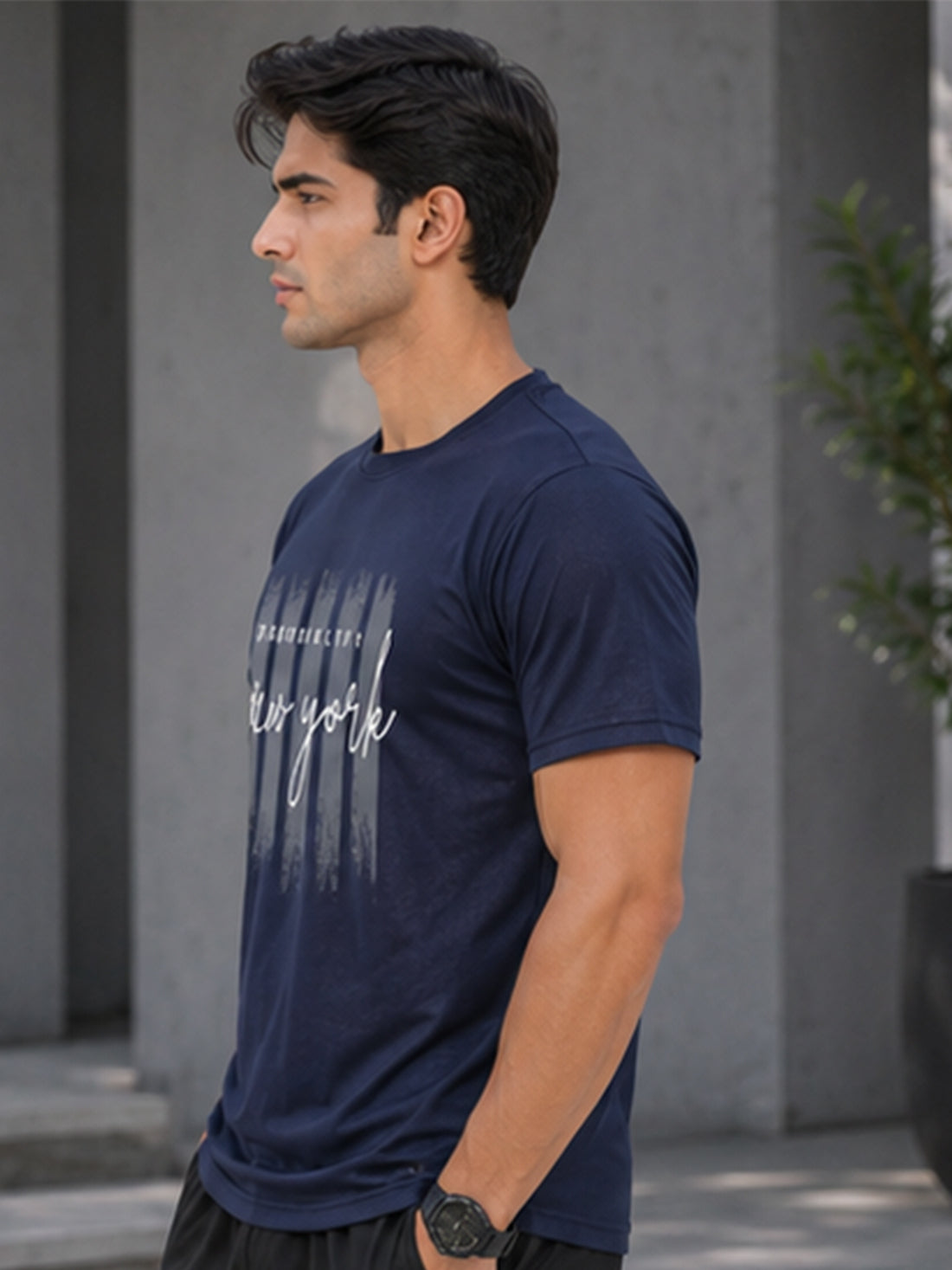 Men's Quick Dry Sports T-Shirt | Printed Gym Workout Running Training Activewear Tee (Navy Blue)